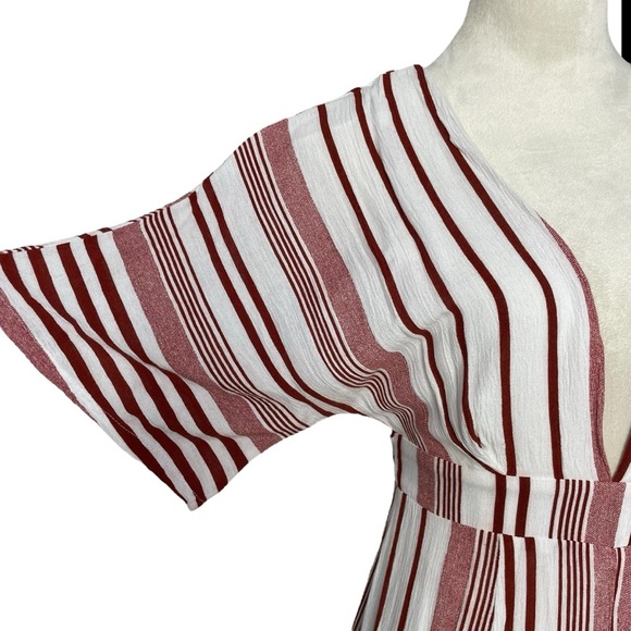 Lulu's Women's Dark Red White Stripped Low Wide Leg Romper Jumpsuit - Picture 3 of 11